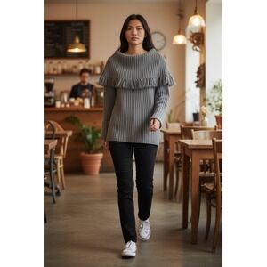 Wool Cashmere Fringe Cowl Neck‎ Sweater Gray Sz M relaxed fit Comfy Eclectic